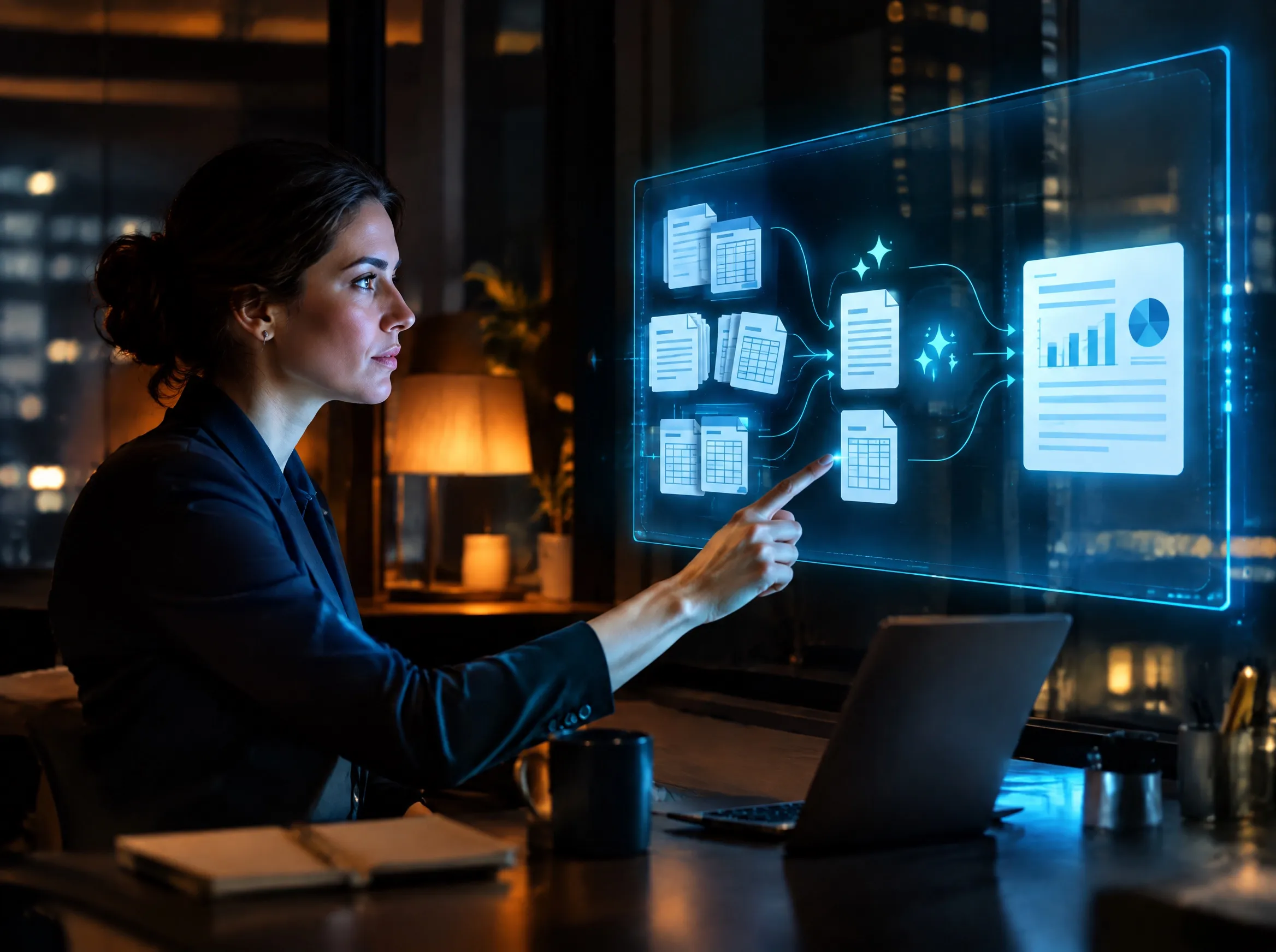 An operations manager reviewing documents flowing through an AI step into a single report